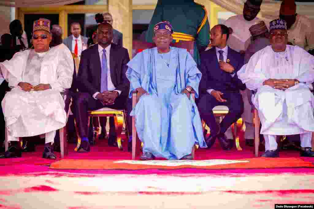 Shugaban Najeriya Bola Ahmed Tinubu da Mataimakinsa Kashim Shettima Da Shugbaan Majalisar Dattawa Ahmed Lawal a bikin ranar dimokuradiyya
