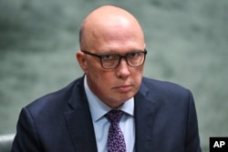 Pemimpin oposisi Australia Peter Dutton saat tanya jawab di Gedung Parlemen di Canberra, Kamis, 15 Juni 2023. (Lukas Coch/AAP melalui AP)