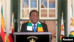 Zimbabwe's President Elect Emmerson Mnangagwa speaks to the media at State House in Harare, Aug. 27, 2023.
