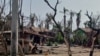 စစ်ကောင်စီနဲ့ အာရက္ခတပ်တော် (AA) ကြားတိုက်ပွဲတွေကြောင့် ရခိုင်ပြည်နယ် မင်းပြားမြို့နယ်အတွင်း ပျက်စီးသွားတဲ့ လူနေအိမ်တချို့ (မေ ၂၁၊ ၂၀၂၄)