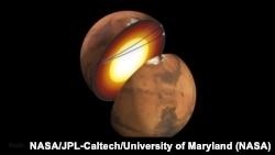 This artist’s concept shows a cutaway of Mars, along with the paths of seismic waves from two separate quakes in 2021. (NASA/JPL-Caltech/University of Maryland)