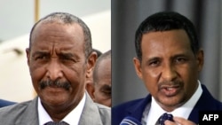 Luteni Jenerali Abdel Fattah al-Burhan (kushoto), mjini Juba Oktoba 14, 2019 na Mohamed Hamdan Daglo (Kulia), ambaye anaongoza Kikosi cha RSF, wakihutubia wanahabari aliporejea kutoka Russia katika uwanja wa ndege wa Khartoum Machi 2, 2022. AFP
