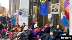 Greta Thunberg attends a demonstration, with environmental and Sami rights activists blocking the entrances to the Ministry of Oil and Energy, in Oslo, Feb. 27, 2023. 