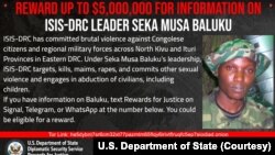 Affiche publiée par les autorités américaines offrant une récompense pour la capture de Seka Musa Baluku, chef des rebelles ADF.