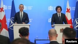 NATO Secretary-General Jens Stoltenberg and Georgian Prime Minister Irakli Kobakhidze make statements following their meeting in Tbilisi, Georgia, March 18, 2024. 