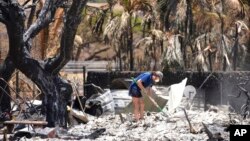 A woman digs through the rubble of a home destroyed by a wildfire on Aug. 11, 2023, in Lahaina, Hawaii.