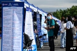 中国年轻人参加北京举行的一个招聘会。（2022年8月26日）