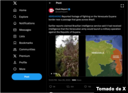 Captura de pantalla de X que muestra una publicación del 29 de noviembre de 2023 de la cuenta marcada en azul Clash Report, que transmitió imágenes de Colombia para afirmar falsamente que se habían informado combates en la frontera de Guyana y Venezuela.
