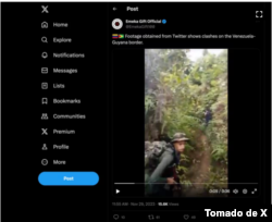 Captura de pantalla de X, que muestra una publicación del 29 de noviembre del usuario marcado en azul EmekaGift100, que transmitió imágenes de Colombia para afirmar falsamente que se están produciendo combates en la frontera de Guyana y Venezuela.