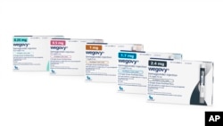 This image provided by Novo Nordisk in January 2023, shows packaging for the company's Wegovy drug. Last month the drug was approved to treat obesity in children 12 and older.