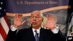 FILE - Former Secretary of State Colin Powell speaks at a reception celebrating the completion of the U.S. Diplomacy Center Pavilion at the State Department in Washington, Jan. 10, 2017. 
