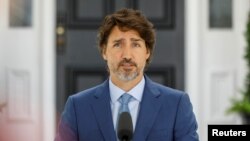 Perdana Menteri Kanada Justin Trudeau menghadiri konferensi pers di Ottawa, 13 Juli 2020.