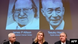 Anggota Komite Nobel untuk bidang Fisiologi atau Kedokteran (kiri ke kanan) Edvard Smith, Anna Wedell, dan Klas Kaerre duduk di depan layar yang menampilkan potret James Allison (kiri) dan Tasuku Honjo dalam pengumuman pemenang Hadiah Nobel 2018 dalam bidang Fisiolog (ilmu faal) atau Kedokteran, di Institut Karolinska, Stockholm, Swedia, 1 Oktober 2018.