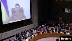 ولادمیر زیلینسکی، رییس جمهور اوکراین، هنگام سخنرانی مجازی در شورای امنیت سازمان ملل متحد