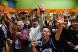 Supporters of pro-democracy candidate Angus Wong celebrate after he won in district council elections in Hong Kong, early Nov. 25, 2019.