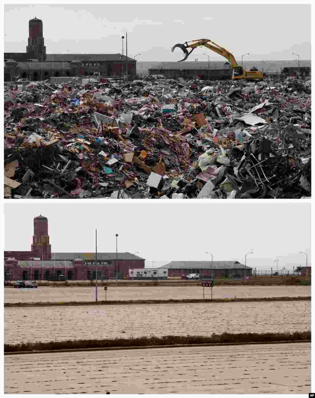 Gabungan foto-foto dari November 2012 dan Oktober 2013 ini menunjukkan pekerjaan konstruksi untuk membersihkan puing-puing yang terkumpul di tempat parkir Taman Jacob Riis di New York. (AP/Mark Lennihan)