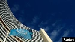 FILE - The flag of the International Atomic Energy Agency (IAEA) flies in front of its headquarters in Vienna. 