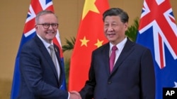 中国领导人习近平与澳大利亚总理阿尔巴尼斯2022年在巴厘岛出席G20峰会期间举行会晤。（美联社2022年11月15日）