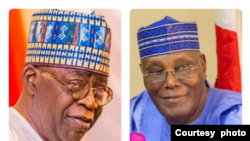De g. à dr.: Bola Ahmed Tinubu, candidat du parti au pouvoir (APC) et Atiku Abubakar, candidat de l'opposition (PDP).