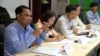 Am Sam Ath, monitor supervisor for the human rights organizaiton LICADHO speaks to journalists during a press conference on the “stop and consult” campaign. 
