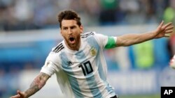 Lionel Messi célèbre son but contre le Nigeria, Russie, le 26 juin 2018