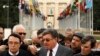Salim al-Muslat (C) spokesman for the High Negotiations Committee (HNC) and Riad Naasam Agha, member of HNC deliver a statement during the Geneva Peace talks outside the United Nations in Geneva, Switzerland, Feb. 2, 2016. 