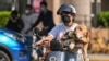 Una mujer lleva a un perro en una motocicleta el 6 de junio de 2022 en el distrito de Jing'an, en la ciudad china de Shanghái.