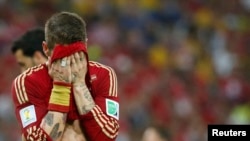 Diego Costa deçu, après le match entre l'Espagne et le Chili, Brésil le 18 juin 2014.