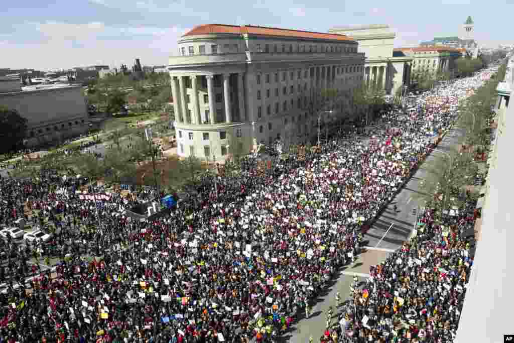 People fill Pennsylvania Avenue during the "March for Our Lives" rally in support of gun control in Washington, March 24, 2018.