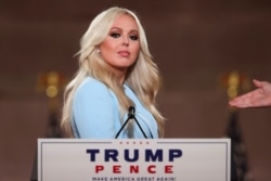 Production staffers help Tiffany Trump pre-record a speech for the Republican National Convention in Washington, Aug. 25, 2020.