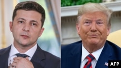Presiden Ukraina Volodymyr Zelenskiy di Paris, 17 Juni 2019 (kiri) dan Presiden AS Donald Trump di Gedung Putih, Washington, D.C., 20 September 2019. (Foto: dok)
