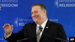 Secretary of State Mike Pompeo speaks at the Ministerial to Advance Religious Freedom, Thursday, July 18, 2019, at the U.S. State Department in Washington. (AP Photo/Patrick Semansky)
