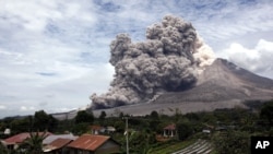 Gunung Sinabung aktif mengeluarkan kepulan abu vulkanik, terlihat dari Tiga Serangkai, Sumatra Utara, 1 April 2015 (Foto: dok). 