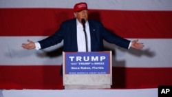Republican presidential candidate Donald Trump speaks during a campaign rally in Boca Raton, Fla., Sunday, March 13, 2016.