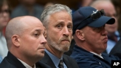 Entertainer and activist Jon Stewart lends his support to firefighters, first responders and survivors of the September 11 terror attacks at a hearing by the House Judiciary Committee in Washington, June 11, 2019.
