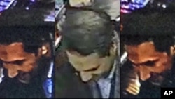 Une combinaison de trois images montre Najim Laachraoui identifié sur un faux passeport comme Soufiane Kayal par la police fédérale belge, lors d'un transfert d'argent par Western Union dans la région bruxelloise de Belgique, 17 novembre 2015. (Police fédérale belge/AP)