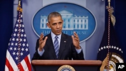 Le président Obama lors de sa conférence de presse du 16 dédembre 2016 à la Maison-Blanche