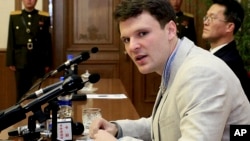 FILE - In this Feb. 29, 2016, file photo, American student Otto Warmbier speaks as he is presented to reporters in Pyongyang, North Korea.