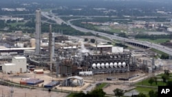 This aerial photo shows the Flint Hills Resources oil refinery near downtown Houston, Aug. 29, 2017. Hurricane Harvey has paralyzed at least 4.4 million barrels per day of refining capacity.