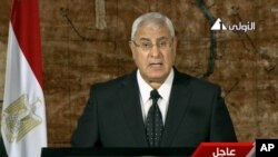 This image made from video broadcast on Egyptian state TV show's interim President Adly Mansour making his first address to the nation since taking his post after the ouster of Islamist President Mohammed Morsi, in Cairo, July 18, 2013. 