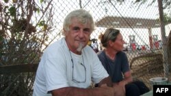 FILE - German national Jurgen Kantner and his wife Sabine Merz (R) pose for a photograph on May 05, 2009 in Berbera, Somaliland. 