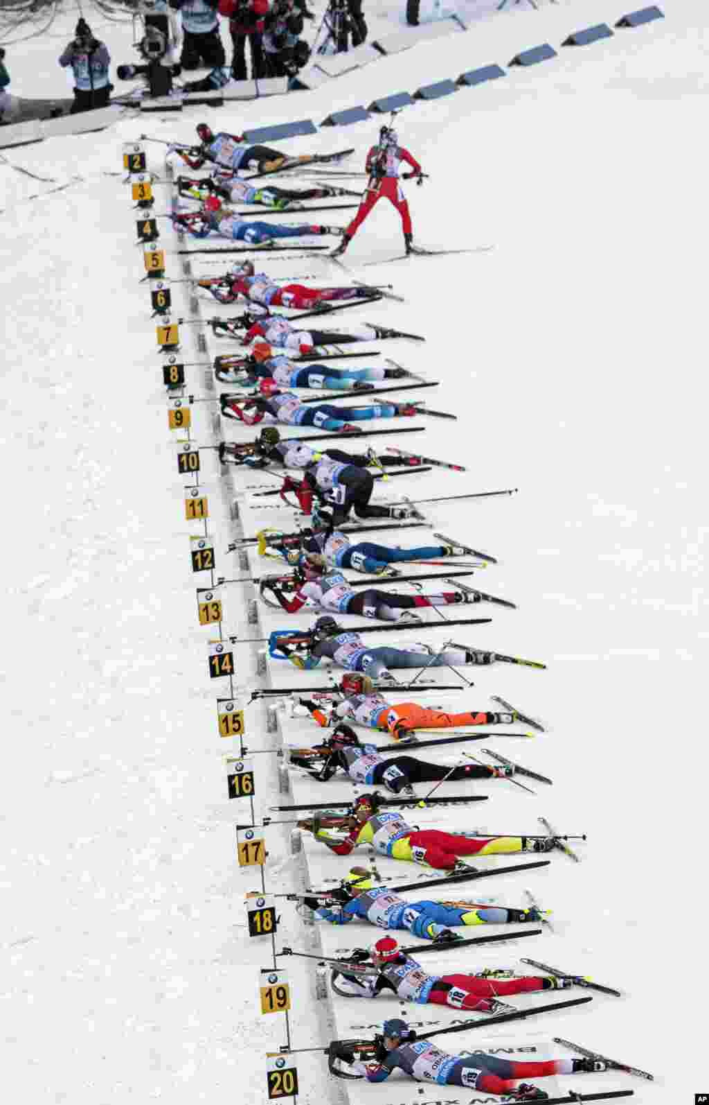 A participant leaves the shooting area after the 1st shooting during the women&#39;s 4x6 kilometers relay race at the Biathlon World Cup in Oberhof, central Germany.