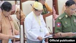 သက်ငယ်မုဒိမ်းမှု ကျူးလွန်သူများ ထိရောက်စွာအရေးယူရေး လွှတ်တော်မှာ ဆွေးနွေးနေကြစဉ် (မရမ်းကုန်းမဲဆန္ဒနယ် မှ ဒေါက်တာဒေါ်မေဝင်းမြင့် (ဝဲ)၊ ပြည်ထောင်စု တရား လွှတ်တော်ချုပ်တရားသူကြီး ဦးသာဌေး (လယ်)၊ ပြည်ထဲရေး ဒုတိယဝန်ကြီး ဗိုလ်ချုပ်အောင်စိုး