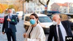 Belarus opposition leader Svetlana Tikhanovskaya arrives at the Grand Hotel Kempinski to meet with the French President in Vilnius, Lithuania, on Sept. 29, 2020.