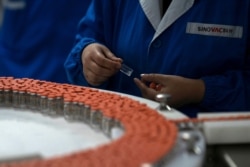 FILE - A lab technician inspects vials of a COVID-19 vaccine produced by Sinovac at its factory in Beijing, China, Sept. 24, 2020.