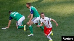 Arkadiusz Milik de la Pologne célèbre après avoir marqué un, 12 juin 2016.