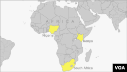 Ramani inayoonesha nchi tatu barani Afrika zenye juhudi ya kuongeza nishati ya nuklia 