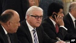 FILE - German Foreign Minister Frank-Walter Steinmeier talks at a hotel in Vienna, Austria.
