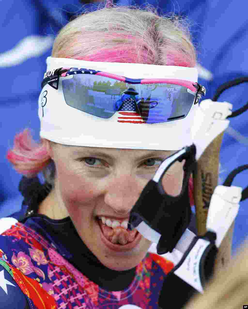 Kikkan Randall of the U.S. reacts after failing to get through to the next stage of competition, during the women's cross-country sprint free quarterfinal at the 2014 Sochi Winter Olympics, Feb. 11, 2014.