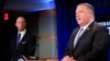 State Department Deputy Spokesperson Cale Brown, left, listens to Secretary of State Mike Pompeo, right, speak during a news conference at the State Department in Washington, Aug. 5, 2020. 